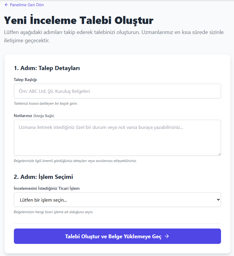 Yeni Talep Ekran Görüntüsü